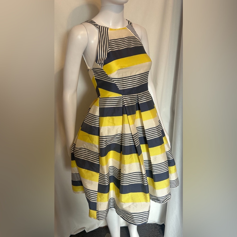 Eva Franco Yellow, Navy & White Striped Midi Dress